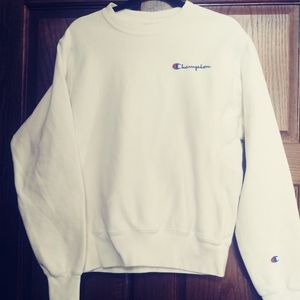 Champion, adult small,white crew neck sweatshirt.